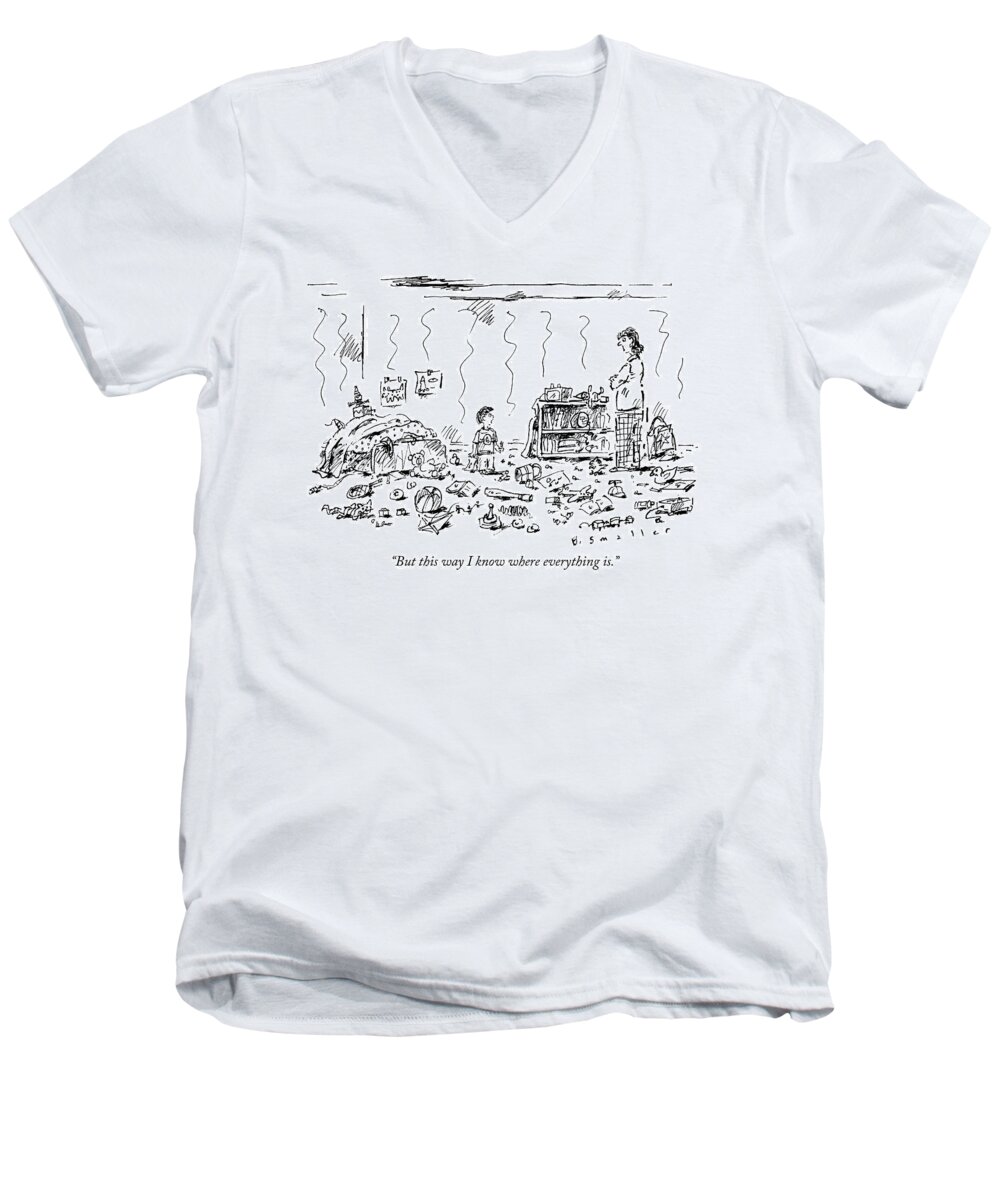 Child-rearing Men's V-Neck T-Shirt featuring the drawing A Child And Mother Discussing A Very Messy Room by Barbara Smaller