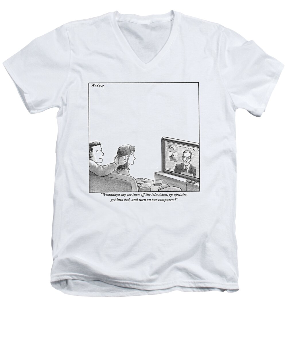 Whaddaya Say We Turn Off The Television Men's V-Neck T-Shirt featuring the drawing A Couple Are Sitting On A Couch Late At Night by Harry Bliss