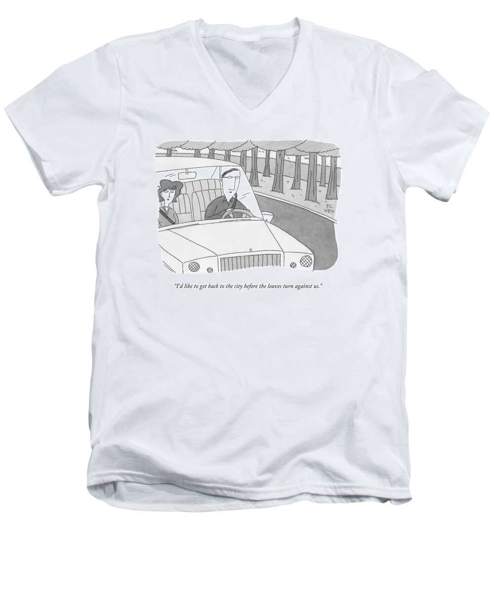 Forest Men's V-Neck T-Shirt featuring the drawing A Couple Drives Along A Forest Road by Peter C. Vey