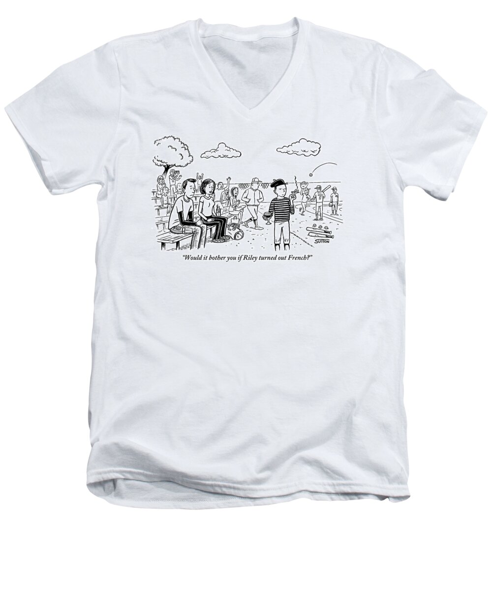 French Men's V-Neck T-Shirt featuring the drawing A Couple Look On At Their Son Who Is Dressed by Ward Sutton