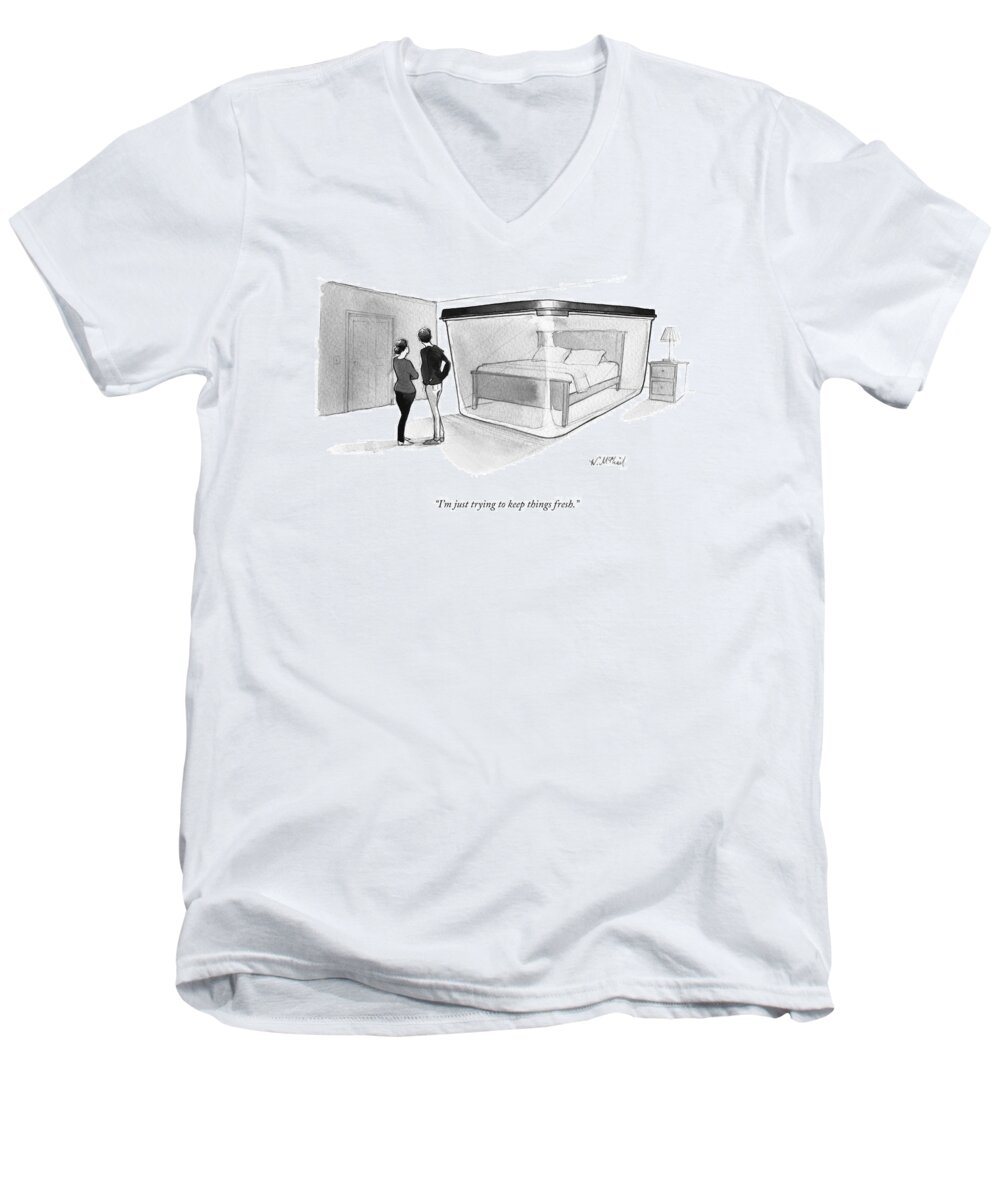 Sex Men's V-Neck T-Shirt featuring the drawing A Couple Looks At A Bed Encased In A Giant by Will McPhail