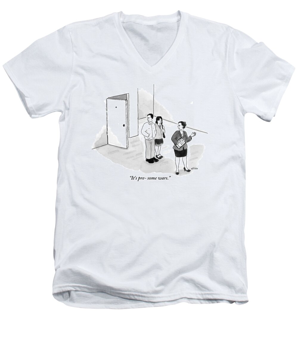 Apartments Men's V-Neck T-Shirt featuring the drawing A Couple Looks Disapprovingly At An Apartment by Emily Flake