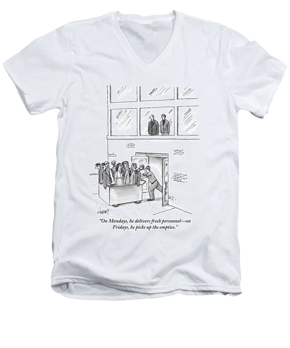 Workers Men's V-Neck T-Shirt featuring the drawing A Delivery Man Pushes A Cart Full Of Zombie-like by Tom Cheney