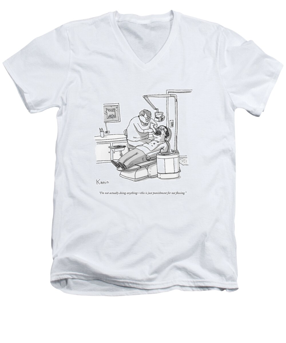 Dentist Men's V-Neck T-Shirt featuring the drawing A Dentist Roots Around In A Patient's Mouth by Zachary Kanin