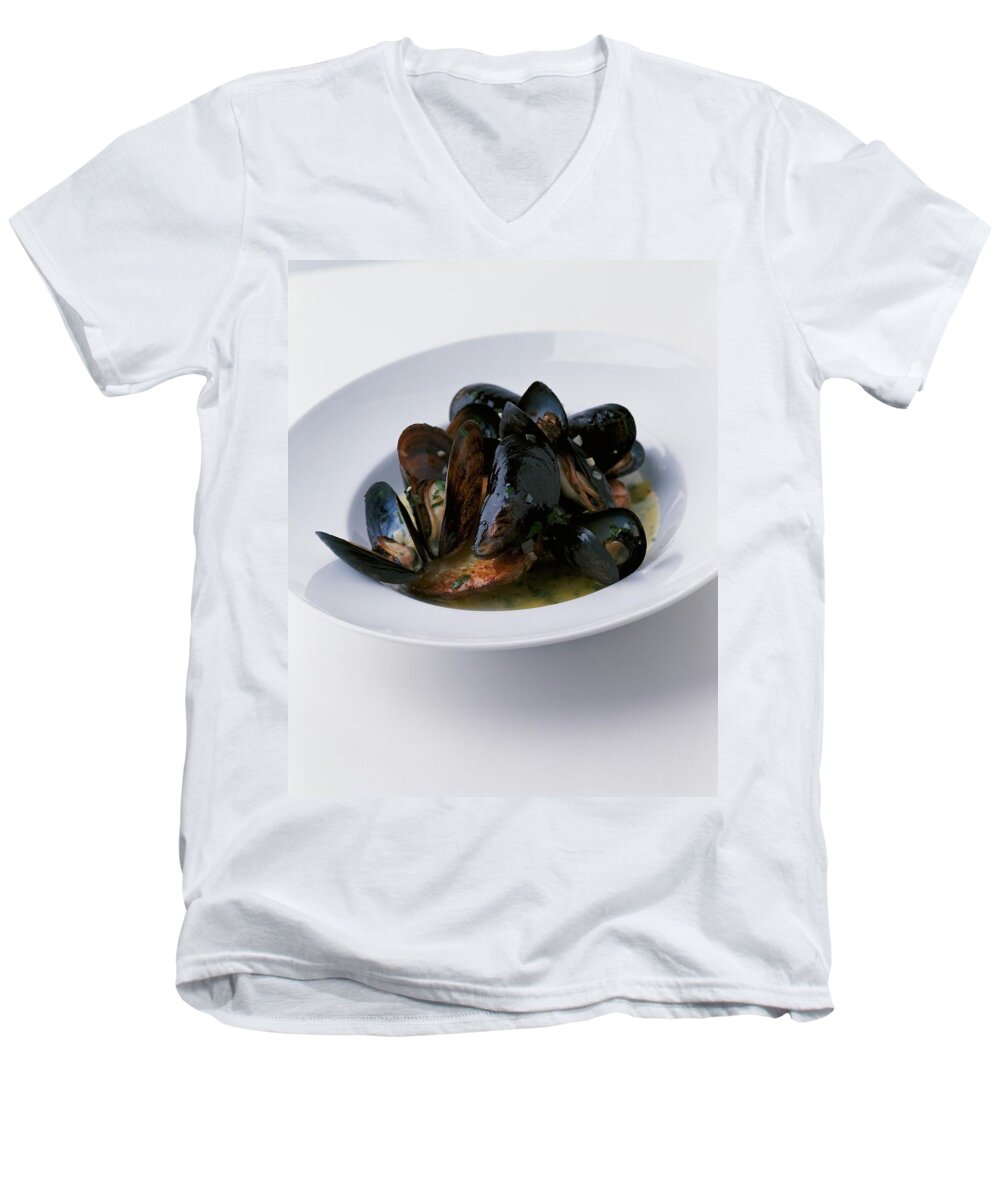 Cooking Men's V-Neck T-Shirt featuring the photograph A Dish Of Mussels by Romulo Yanes