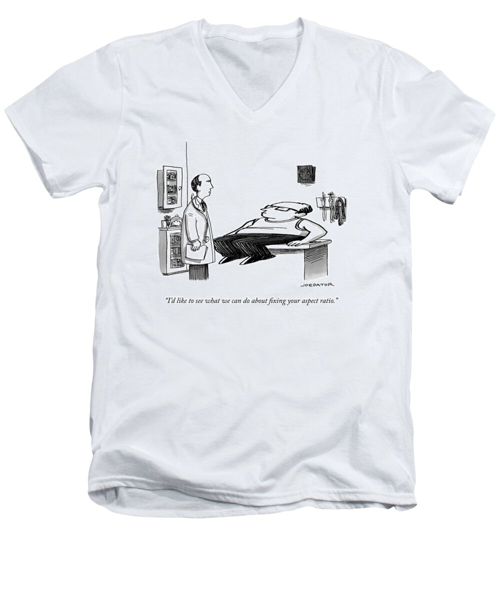 I'd Like To See What We Can Do About Fixing Your Aspect Ratio. Men's V-Neck T-Shirt featuring the drawing A Doctor Speaks To A Patient Whose Dimensions by Joe Dator
