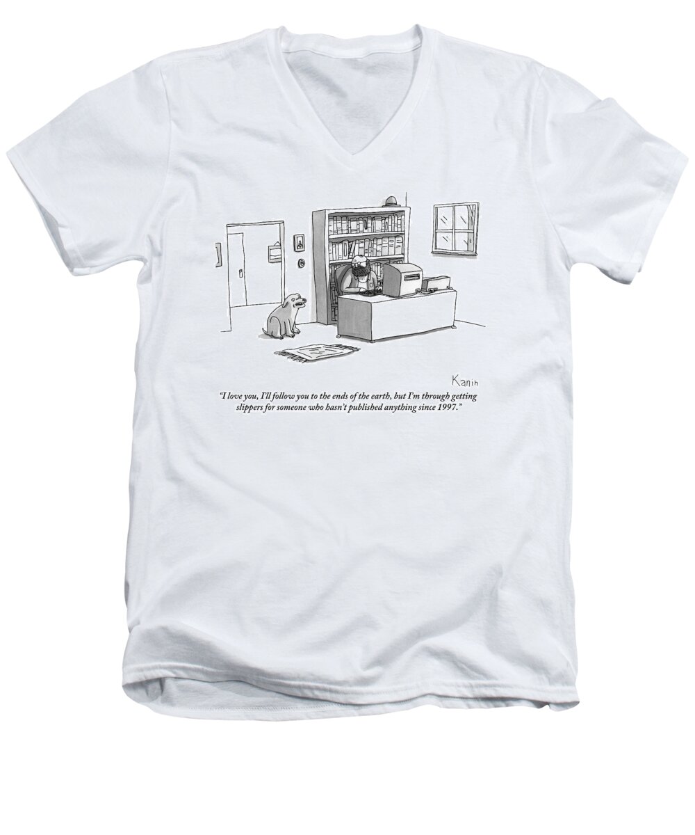 Dogs (fetching) Men's V-Neck T-Shirt featuring the drawing A Dog Announces To His Owner by Zachary Kanin