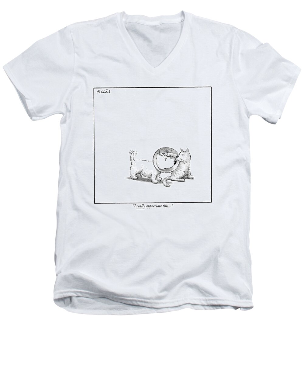 Dogs With Cats Men's V-Neck T-Shirt featuring the drawing A Dog With A Neck Cone Is Having His Head by Harry Bliss