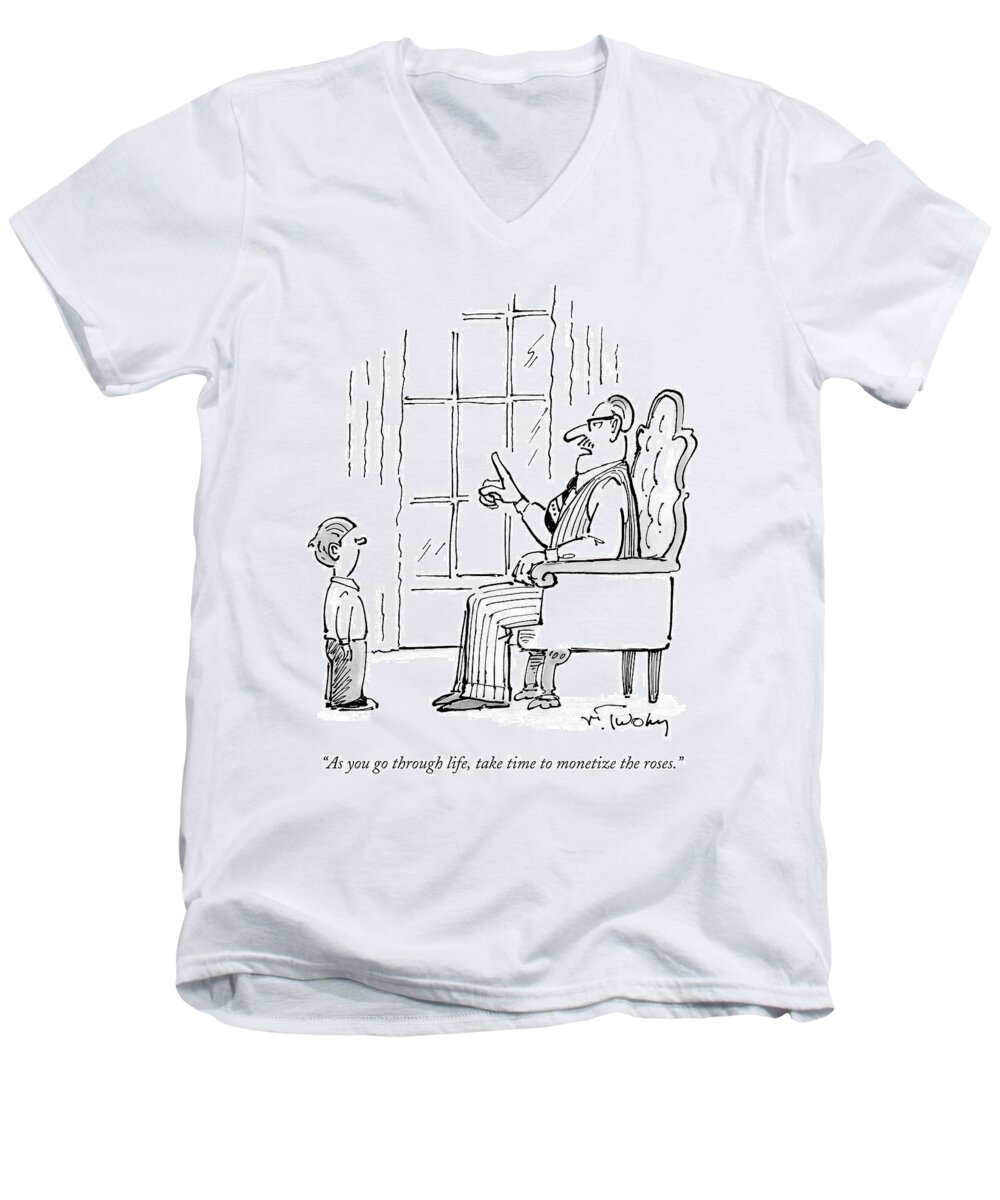 Parenting Men's V-Neck T-Shirt featuring the drawing A Father Speaks To His Son by Mike Twohy