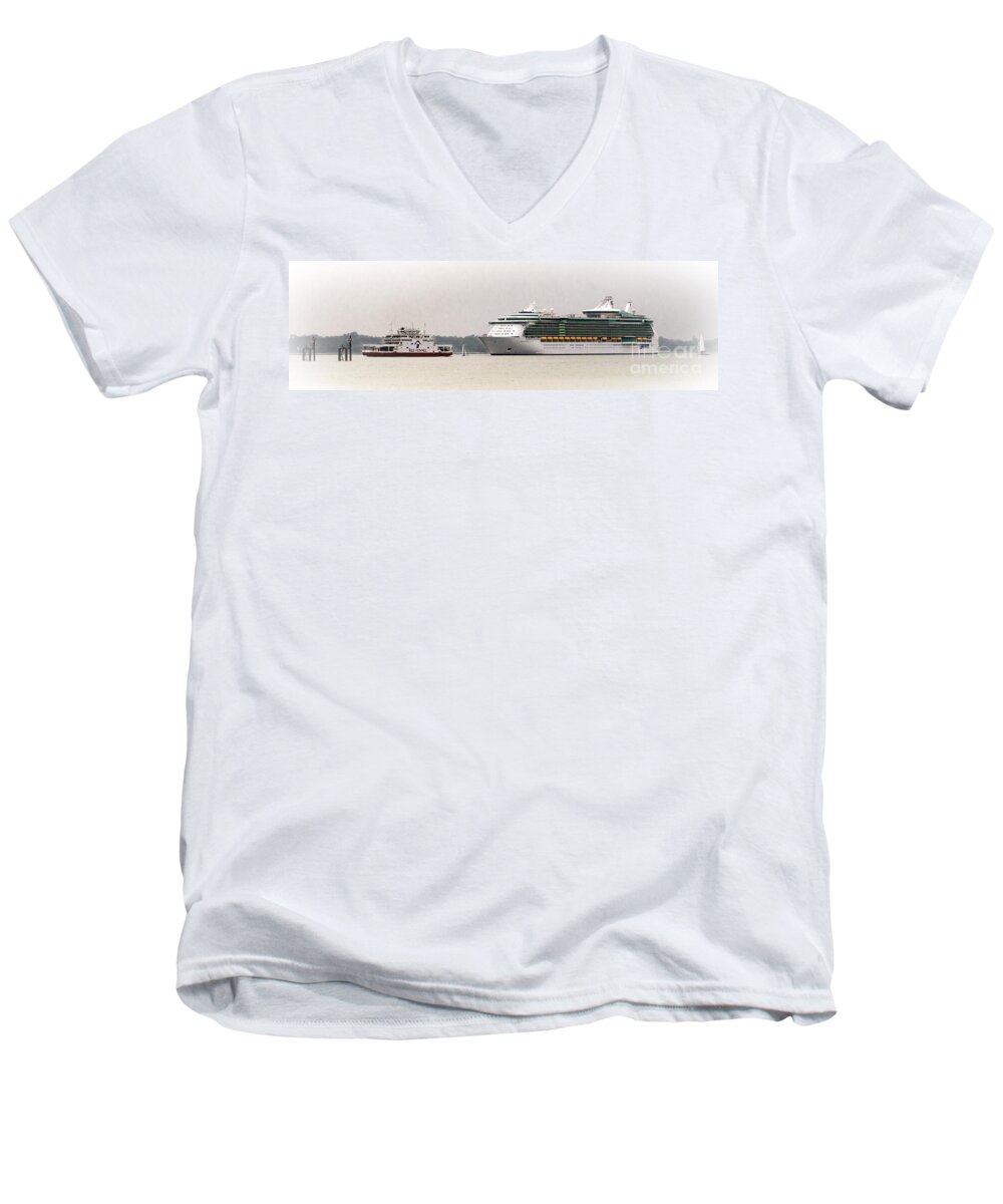  Men's V-Neck T-Shirt featuring the photograph A Ferry A Ship And Some Yachts by Linsey Williams