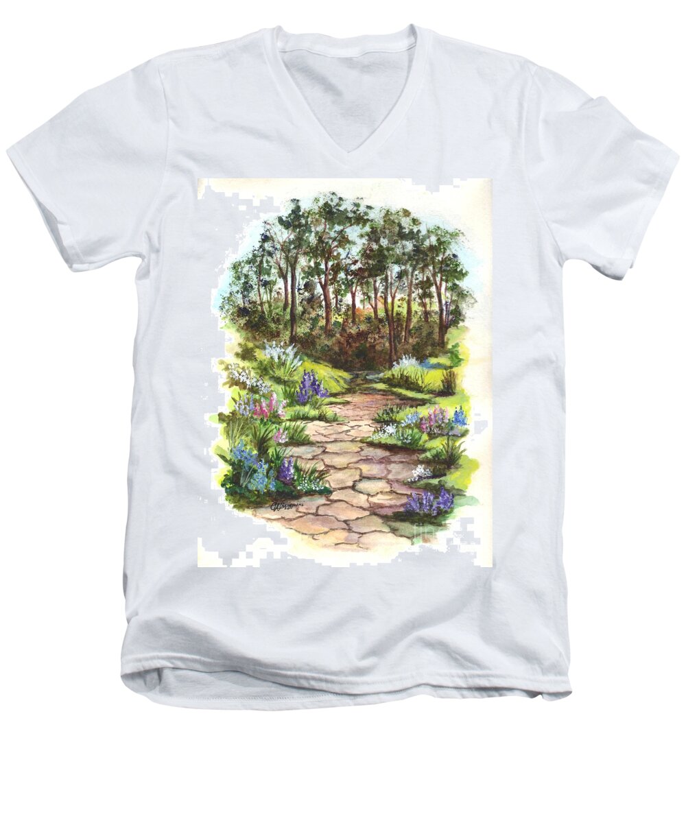 Floral Men's V-Neck T-Shirt featuring the painting Down The Garden Pathway by Carol Wisniewski