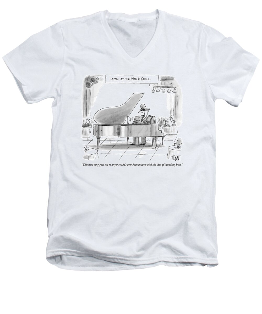 Singers Men's V-Neck T-Shirt featuring the drawing A General Plays Piano At A Bar by Christopher Weyant