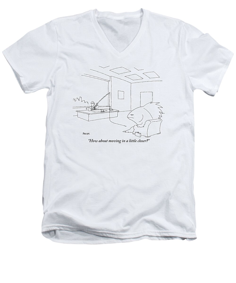 Interviews Men's V-Neck T-Shirt featuring the drawing A Giant, Disgruntled-looking Fish Sits by Jack Ziegler