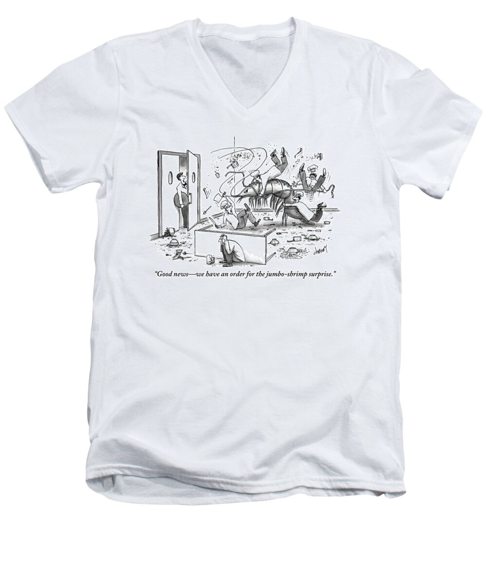 Shrimp Men's V-Neck T-Shirt featuring the drawing A Giant Shrimp Is Seen Being Wrangled By A Team by Tom Cheney