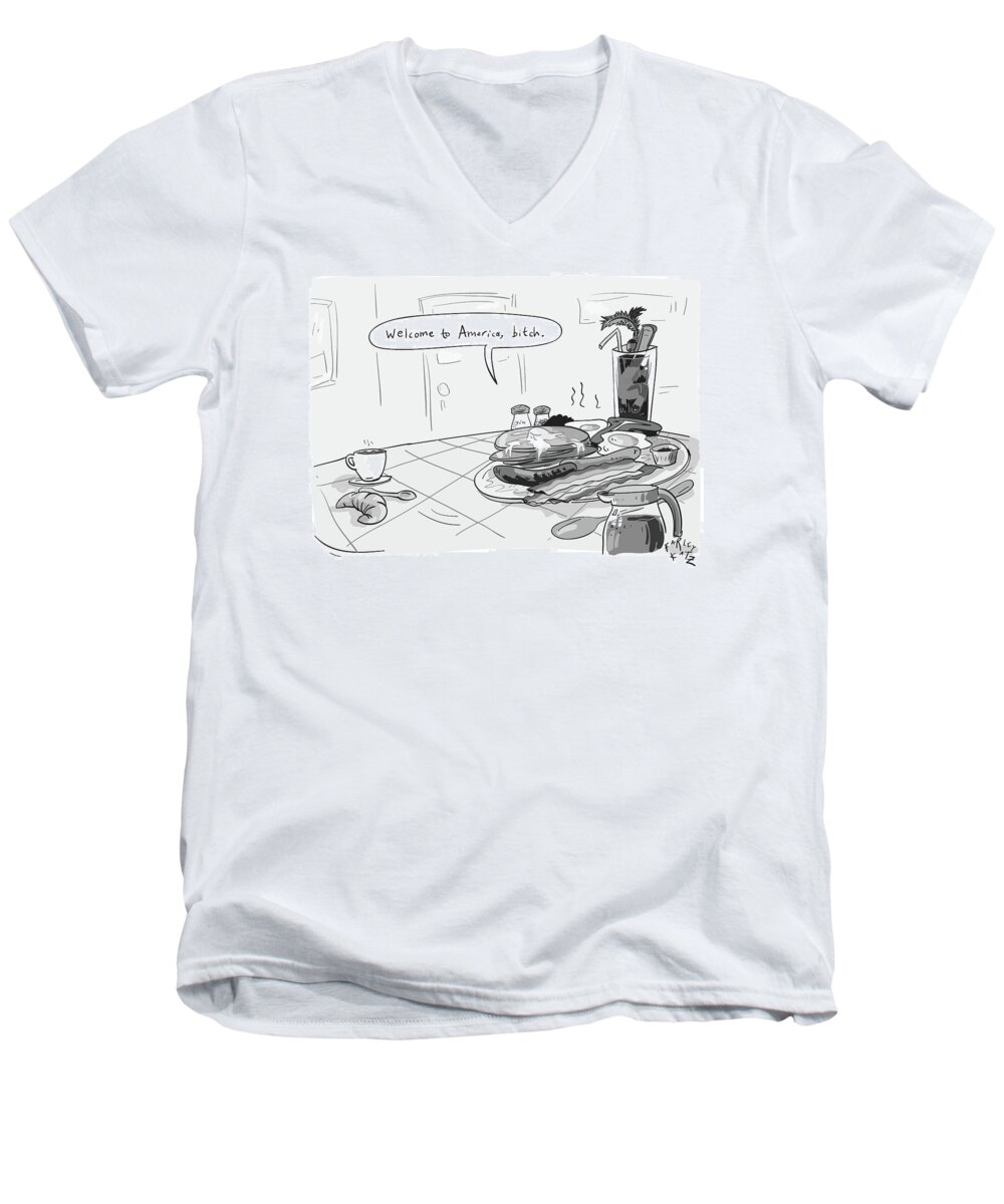A Greasy Plate Of Pancakes Men's V-Neck T-Shirt featuring the drawing A Greasy Plate Of Pancakes by Farley Katz