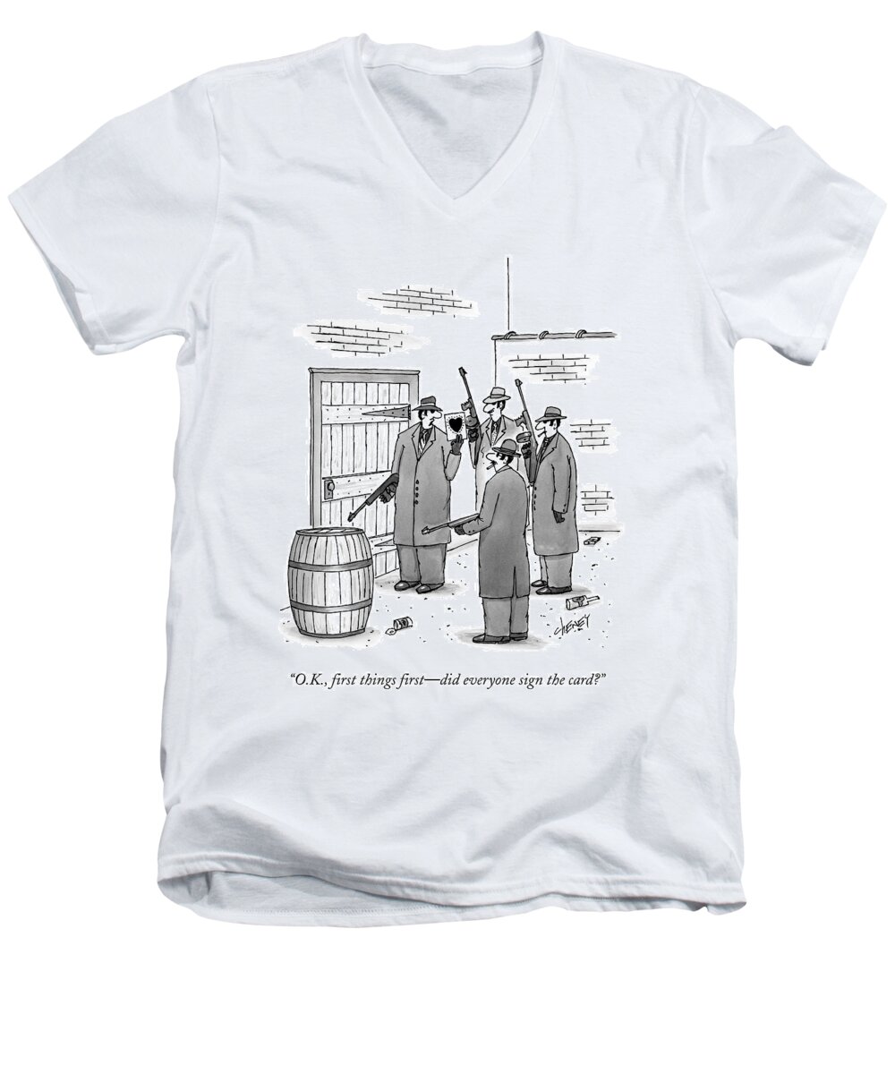 Holiday Men's V-Neck T-Shirt featuring the drawing A Group Of Gangsters Stand With Machine Guns by Tom Cheney