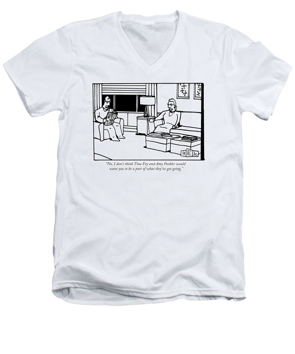 Comedy Men's V-Neck T-Shirt featuring the drawing A Husband And Wife Sit In A Living Room by Bruce Eric Kaplan