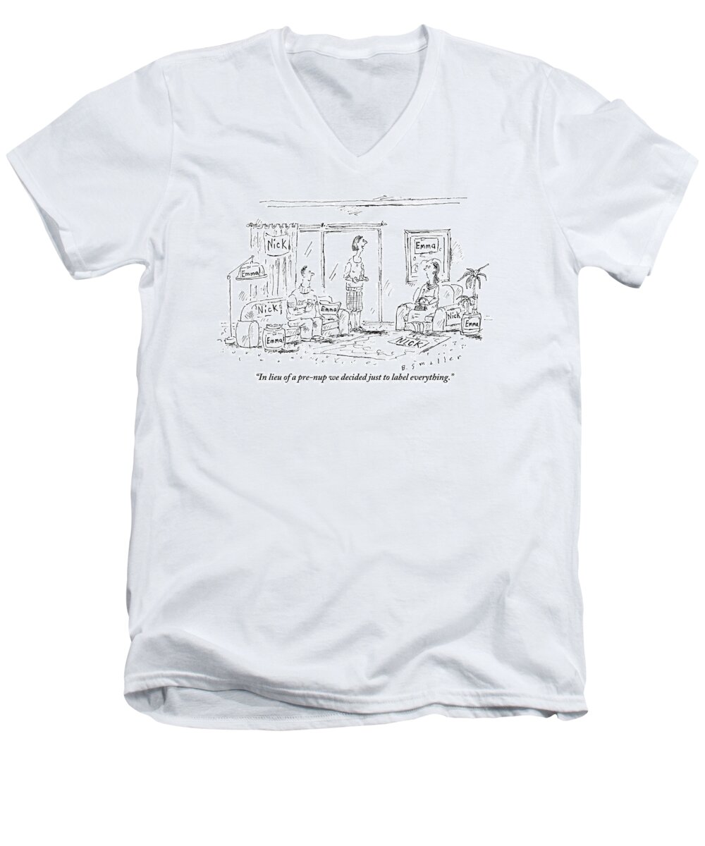 Marriage Men's V-Neck T-Shirt featuring the drawing A Husband And Wife Talk To A Friend by Barbara Smaller