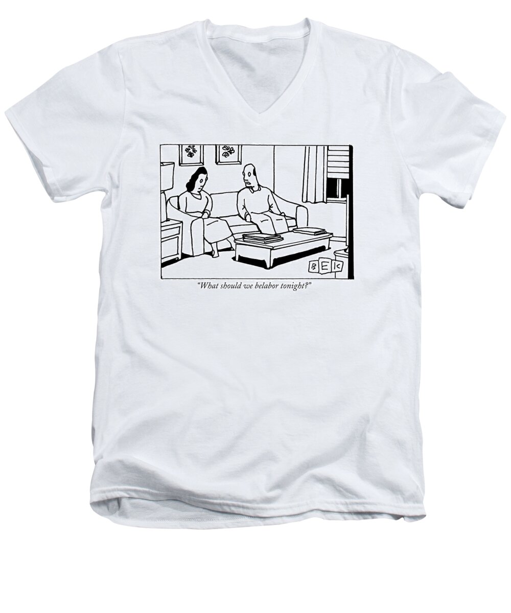 Marriage Men's V-Neck T-Shirt featuring the drawing A Husband Talks To His Wife In Their Living Room by Bruce Eric Kaplan