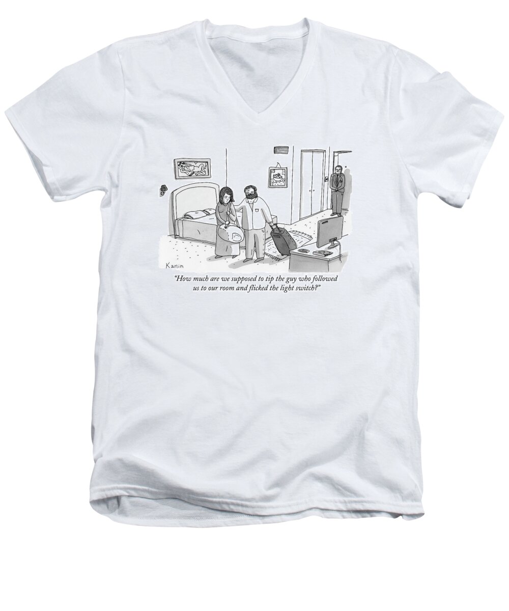 Hotel Men's V-Neck T-Shirt featuring the drawing A Husband Whispers His Wife As A Random Man by Zachary Kanin