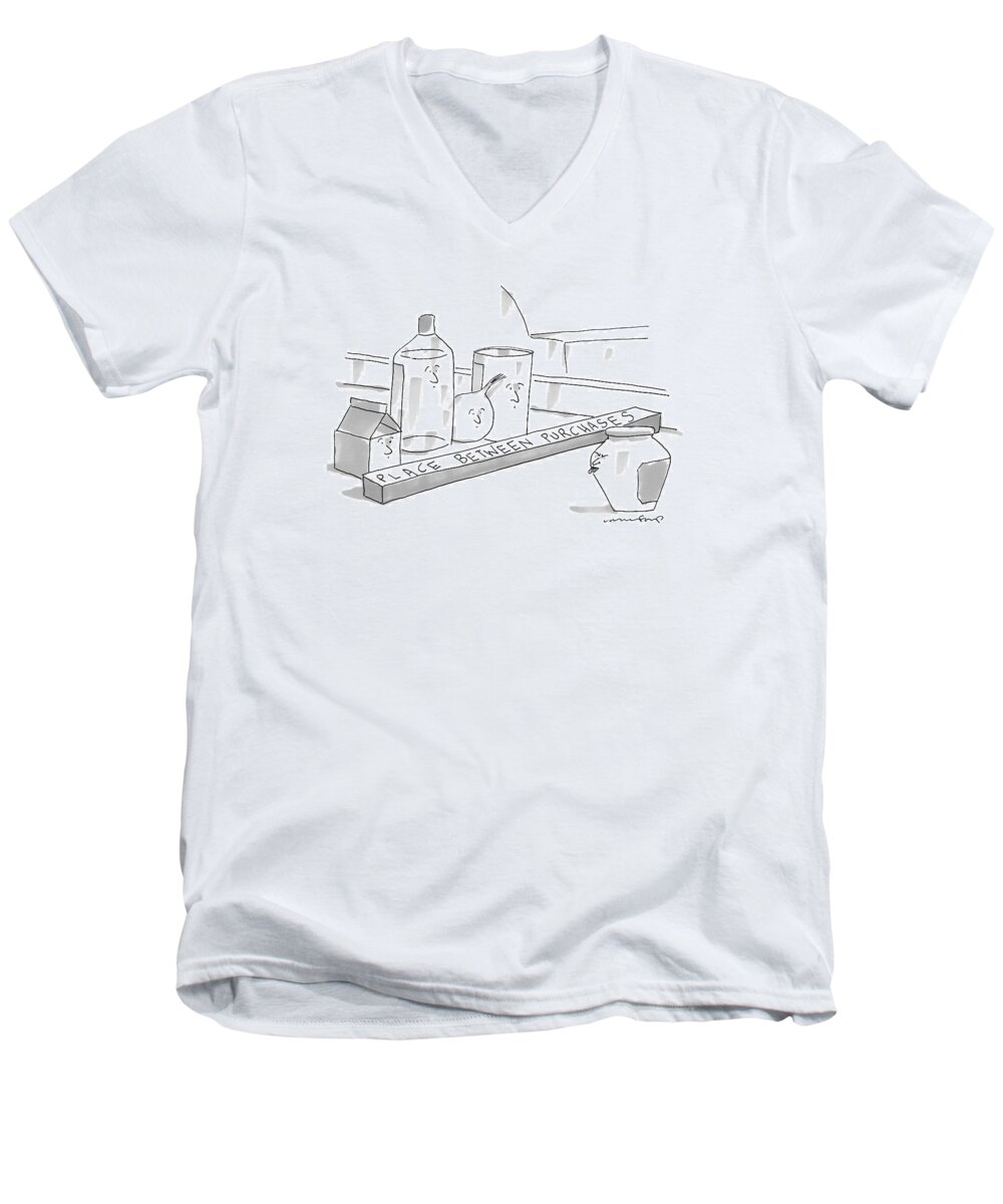 Food Men's V-Neck T-Shirt featuring the drawing A Jar On A Supermarket Conveyor Belt Is Sticking by Michael Crawford