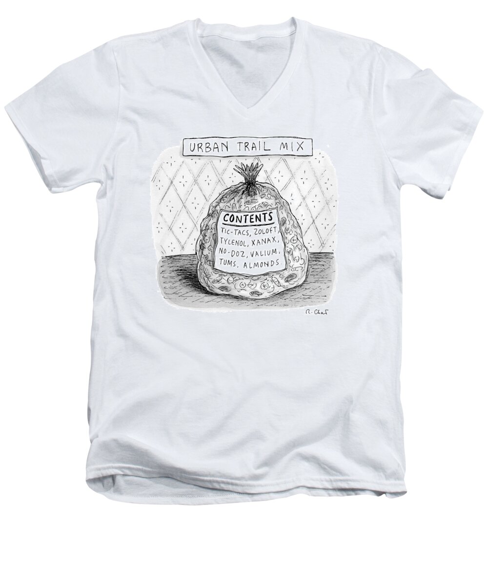 Bag Men's V-Neck T-Shirt featuring the drawing Urban Trail Mix by Roz Chast