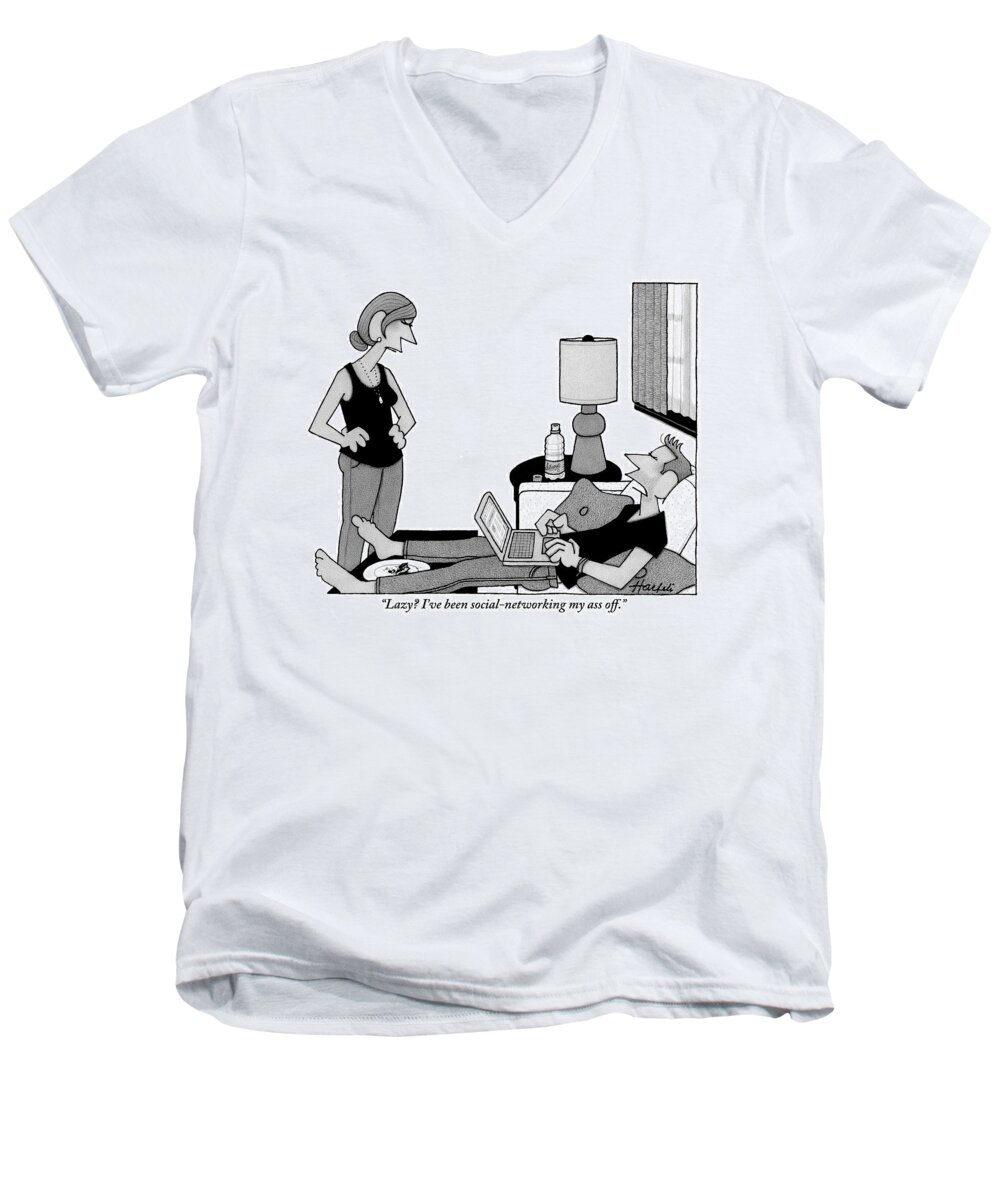 Couch Men's V-Neck T-Shirt featuring the drawing A Lazy Husband On A Couch Speaks by William Haefeli