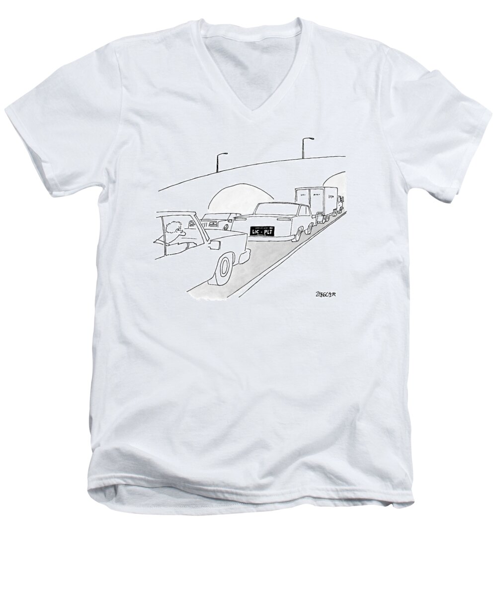 Captionless Men's V-Neck T-Shirt featuring the drawing A License Plate That Reads 
Lic-plt by Jack Ziegler