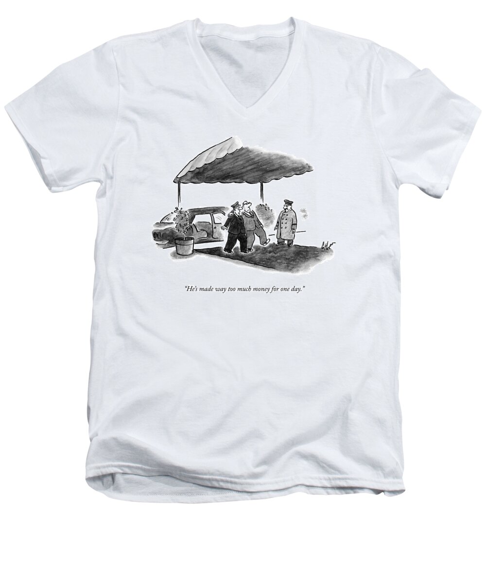 Drunk Men's V-Neck T-Shirt featuring the drawing A Limousine Driver Helps A Drunk-looking Ceo Walk by Frank Cotham