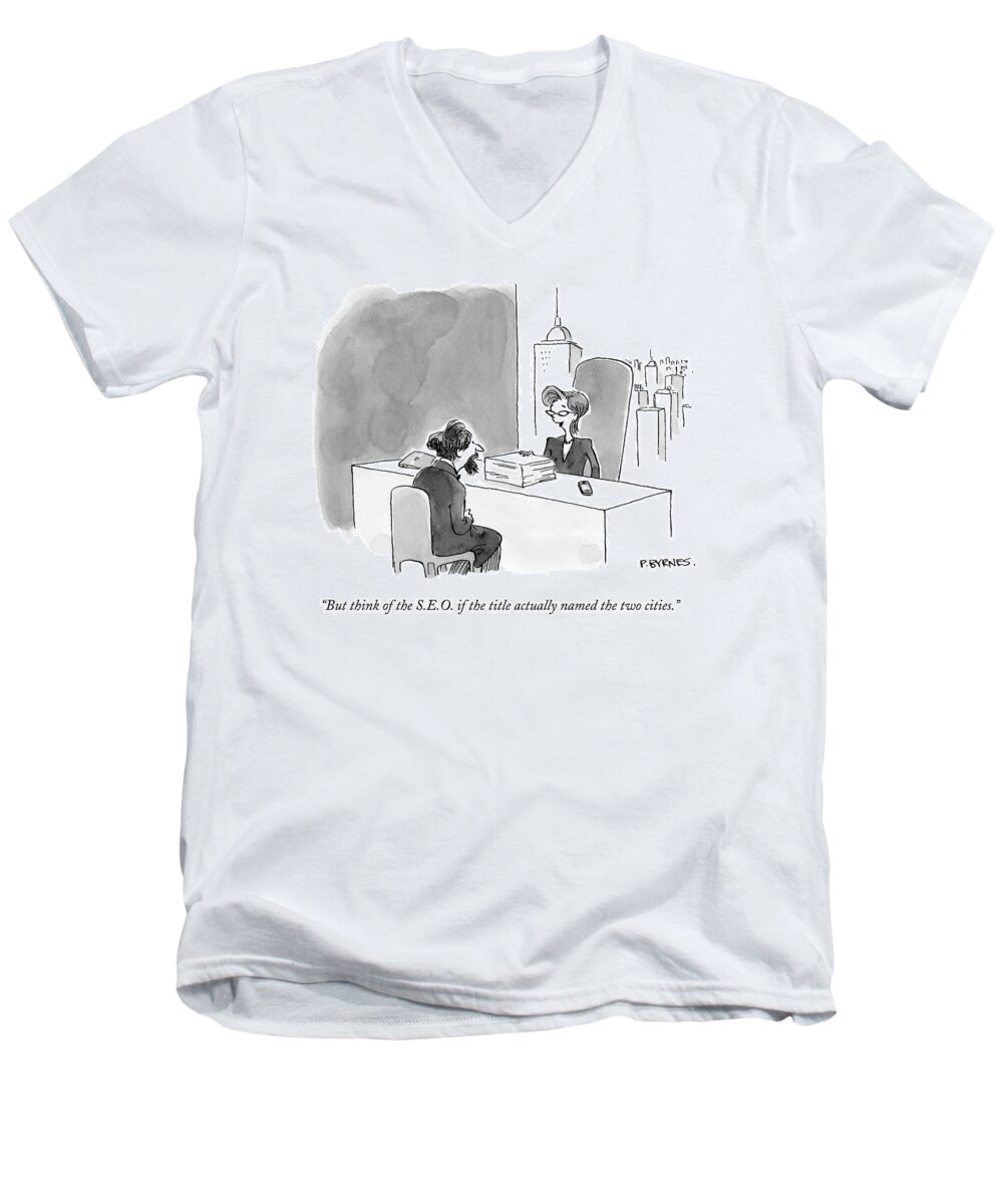 Charles Dickens Men's V-Neck T-Shirt featuring the drawing A Literary Agent Talks To Charles Dickens by Pat Byrnes