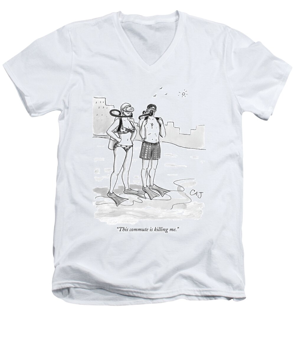 Beaches Men's V-Neck T-Shirt featuring the drawing A Man And A Woman In Swimsuits And Diving Gear by Carolita Johnson