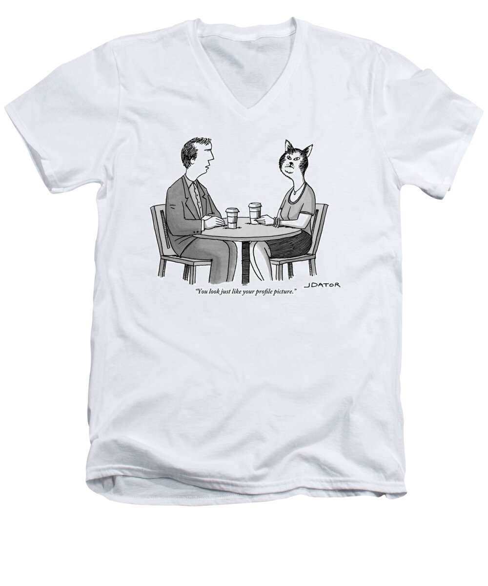 You Look Just Like Your Profile Picture. Men's V-Neck T-Shirt featuring the drawing A Man And A Woman With A Cat Head Are Having by Joe Dator