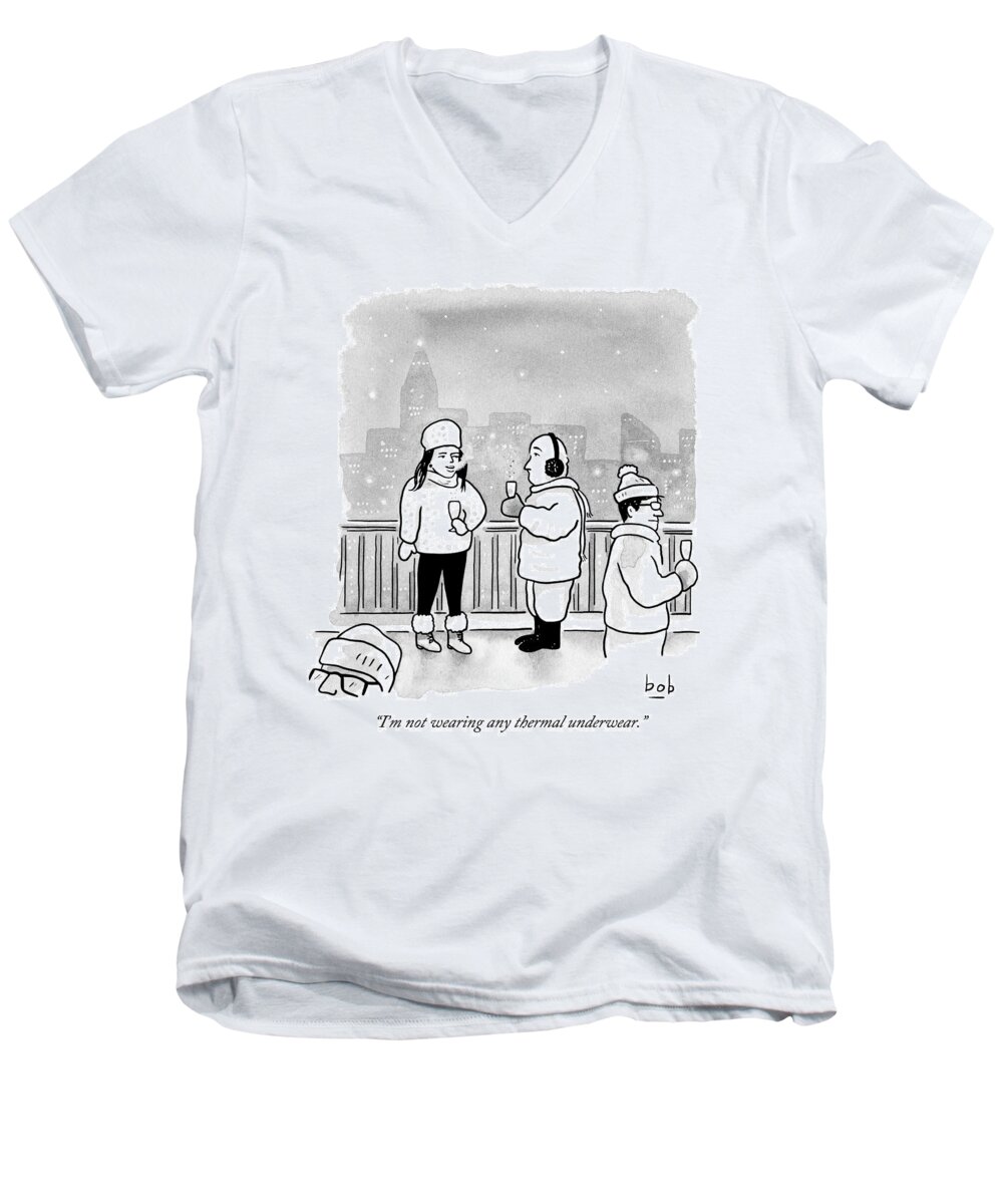 Sex Men's V-Neck T-Shirt featuring the drawing A Man And Woman Holding Champagne And Dressed by Bob Eckstein