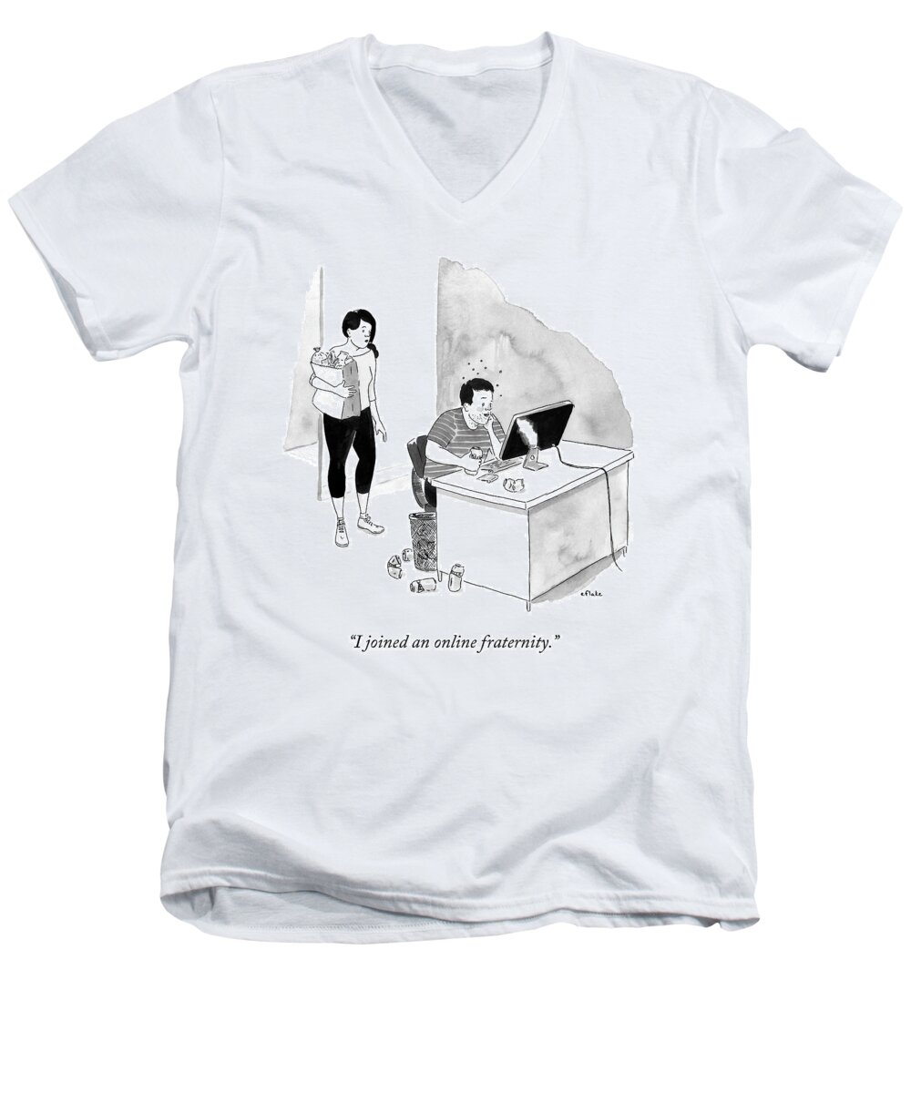 Frat Men's V-Neck T-Shirt featuring the drawing A Man Chugs Beers In Front Of His Laptop by Emily Flake