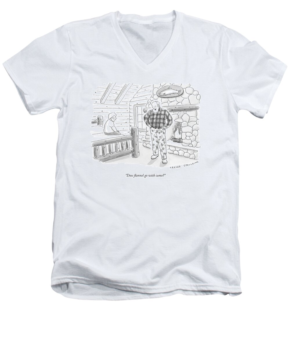 Log Cabin Men's V-Neck T-Shirt featuring the drawing A Man In A Log Cabin Wears A Flannel Shirt by Trevor Spaulding