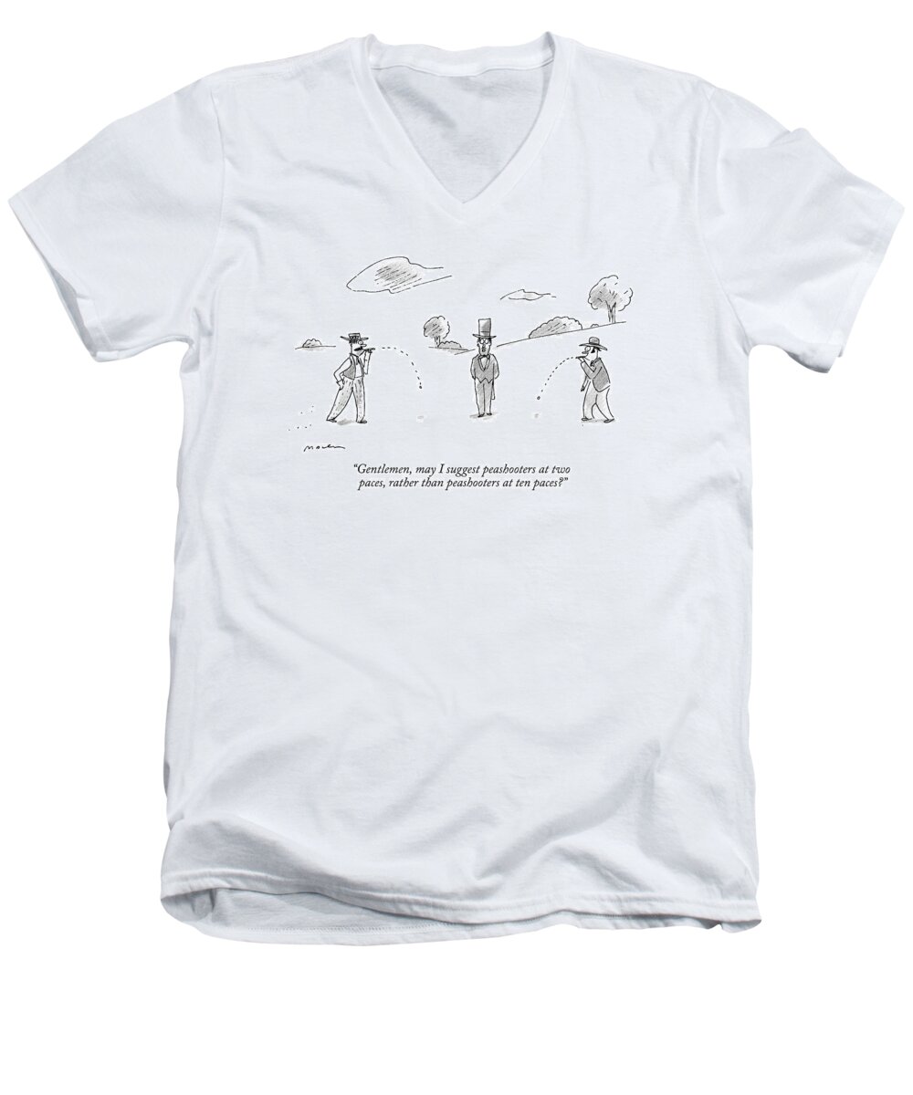 Absurd Duel Men's V-Neck T-Shirt featuring the drawing A Man In A Top Hat Officiates A Duel Between Two by Michael Maslin