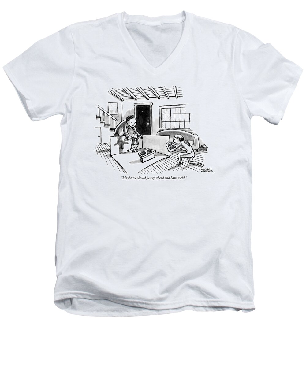 Maybe We Should Just Go Ahead And Have A Kid. Men's V-Neck T-Shirt featuring the drawing A Man Is Holding The Arms Of A Cat In A Tux by Shannon Wheeler