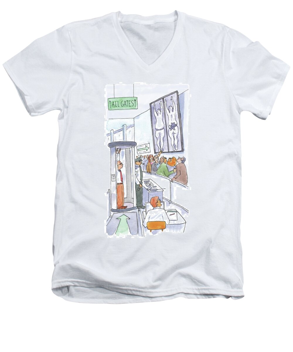 Airport Security Men's V-Neck T-Shirt featuring the drawing A Man Is Is Held Up By Airport Security by Michael Crawford