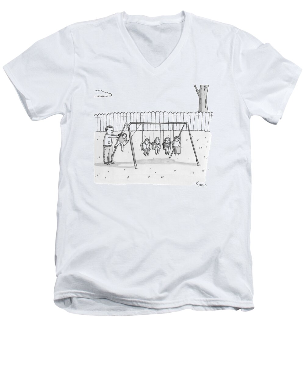 Newton's Cradle Men's V-Neck T-Shirt featuring the drawing A Man Is Seen Swinging A Group Of Kids Like A Set by Zachary Kanin