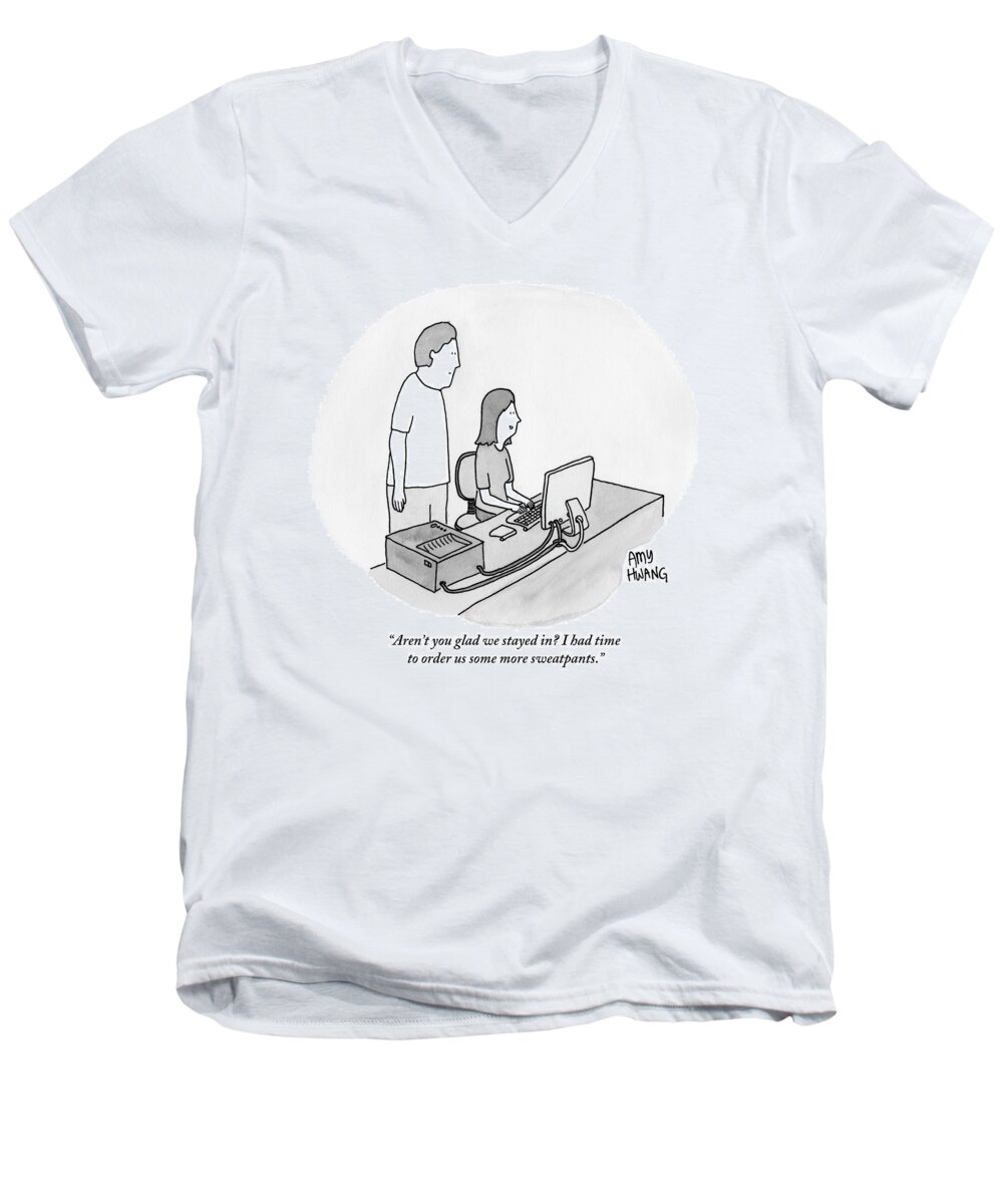 Sweatpants Men's V-Neck T-Shirt featuring the drawing A Man Is Standing Behind A Woman Who Is Seated by Amy Hwang