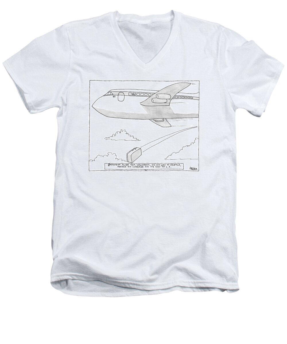 Flying Men's V-Neck T-Shirt featuring the drawing A Man Looks Out The Window Of An Airplane by Jack Ziegler