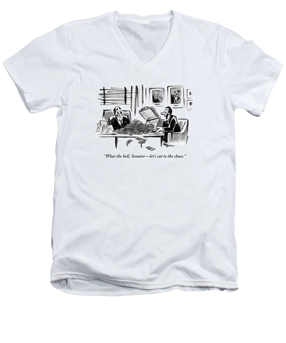 Washington Dc Men's V-Neck T-Shirt featuring the drawing A Man Opens A Briefcase Full Of Cash by Lee Lorenz