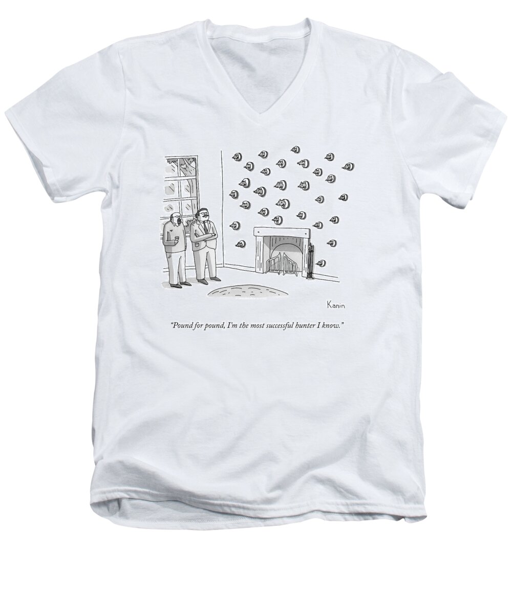 Taxidermy Men's V-Neck T-Shirt featuring the drawing A Man Shows His Friend A Wall Covered In Dozens by Zachary Kanin