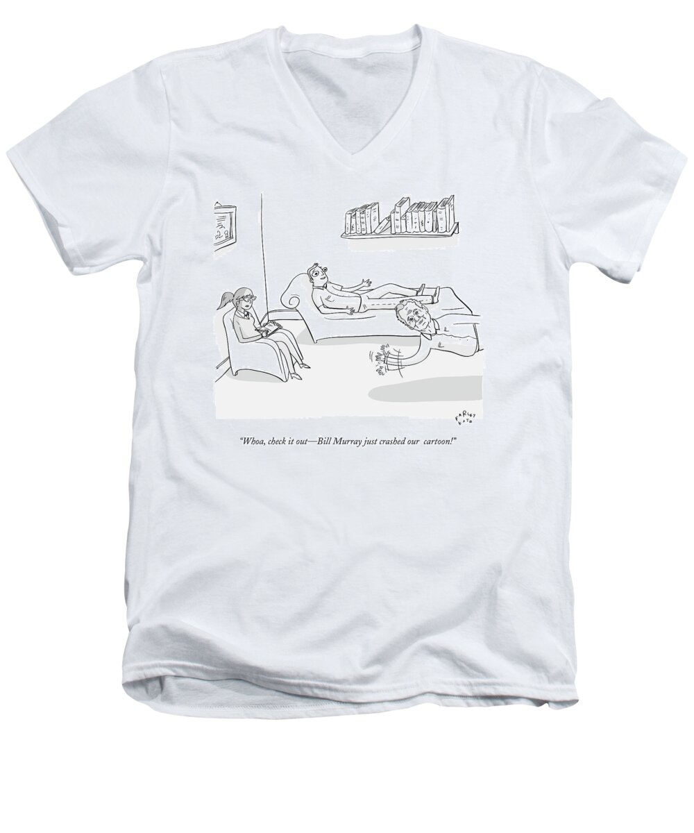 Bill Murray Men's V-Neck T-Shirt featuring the drawing A Man Sits On A Therapists Couch by Farley Katz