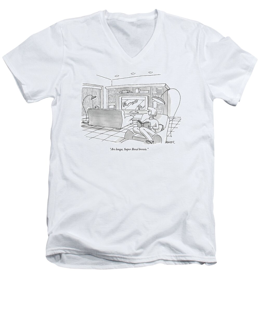 Tv - Sports Men's V-Neck T-Shirt featuring the drawing A Man Sitting On A Couch Watching The Super Bowl by Jack Ziegler