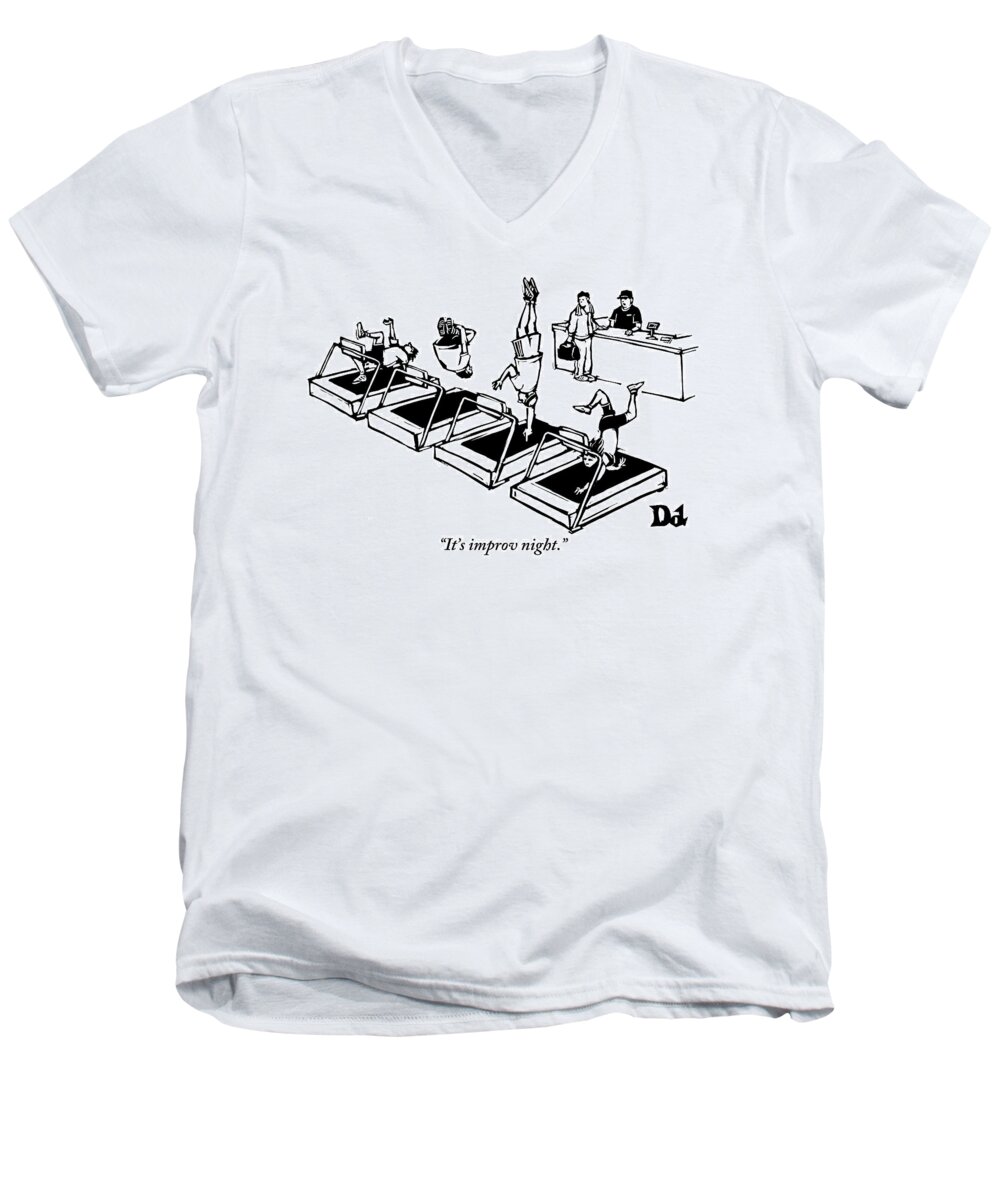 Gyms Men's V-Neck T-Shirt featuring the drawing A Man Stands At The Desk Of A Gym. Four People by Drew Dernavich