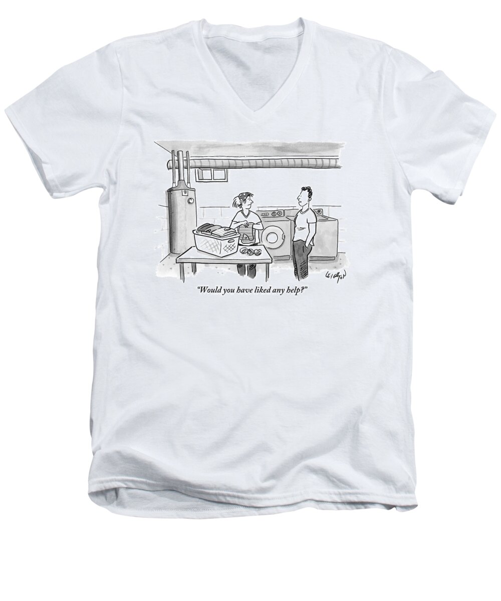 Marriage Men's V-Neck T-Shirt featuring the drawing A Man Talks To A Woman Who's Just Done Laundry by Robert Leighton