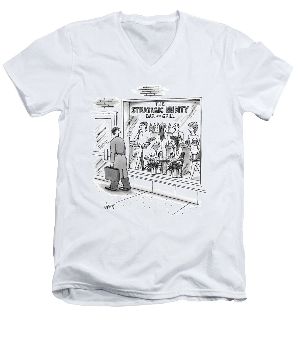 Store Windows Men's V-Neck T-Shirt featuring the drawing A Man Walks By A Bar Called The Strategic Nudity by Tom Cheney