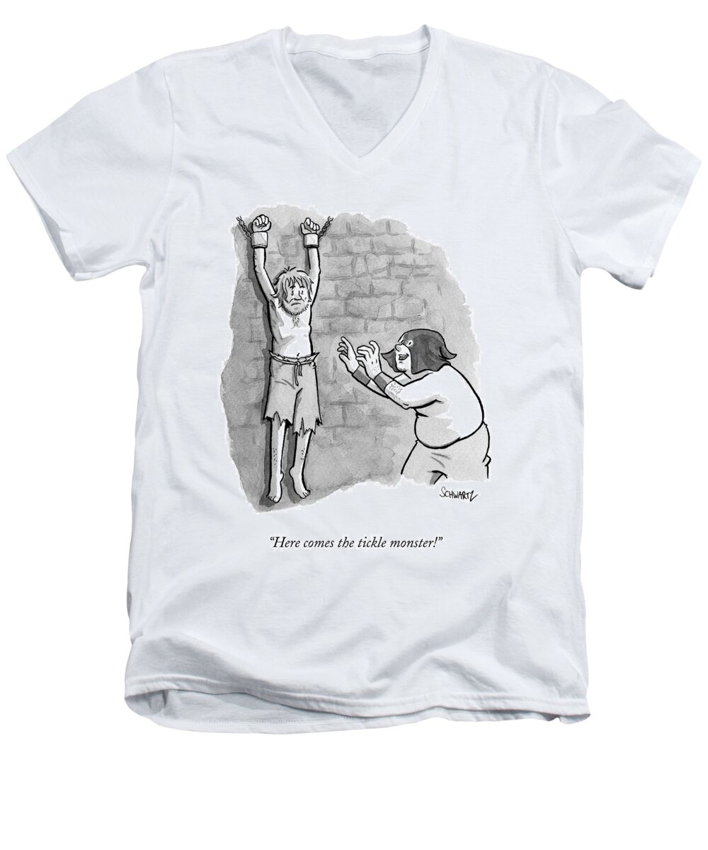 Torture Men's V-Neck T-Shirt featuring the drawing A Medieval Torturer Approaches A Hanging by Benjamin Schwartz