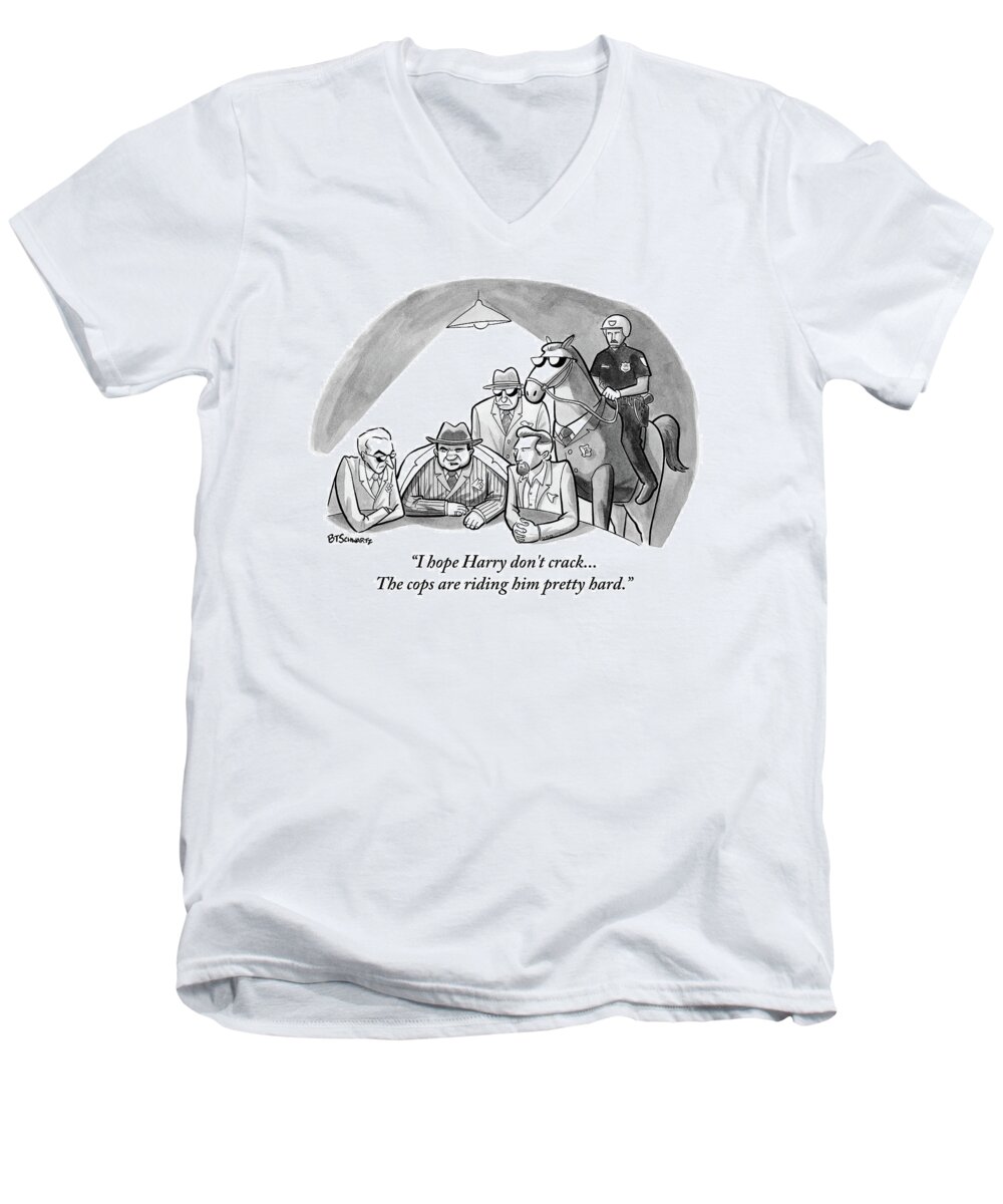 Cctk Men's V-Neck T-Shirt featuring the drawing A Mob Boss And Goons Sit Around A Table by Benjamin Schwartz